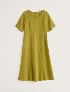 Pure Linen Round Neck Midi Waisted Dress