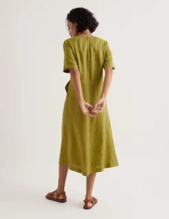 Pure Linen Round Neck Midi Waisted Dress