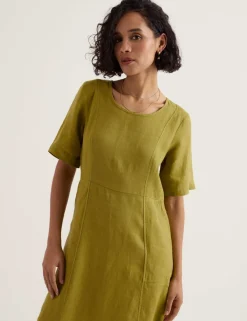 Pure Linen Round Neck Midi Waisted Dress