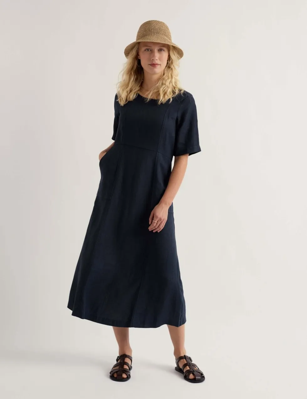 Pure Linen Round Neck Midi Waisted Dress