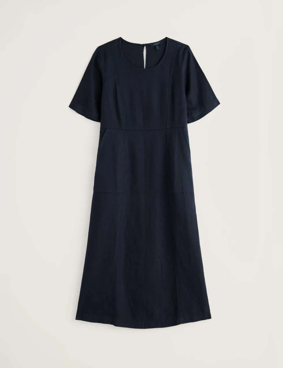 Pure Linen Round Neck Midi Waisted Dress