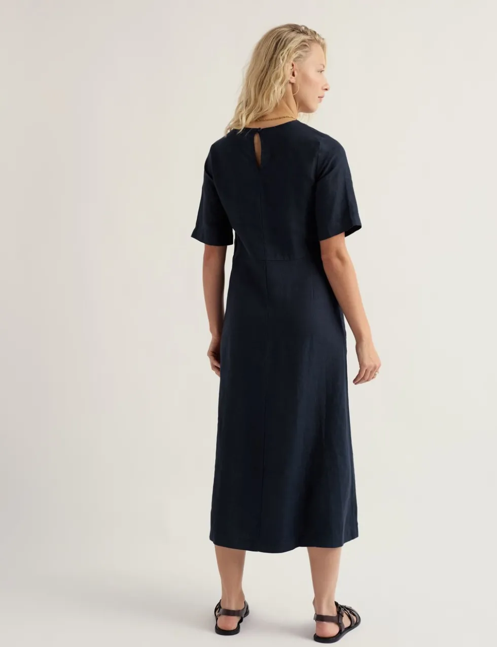 Pure Linen Round Neck Midi Waisted Dress