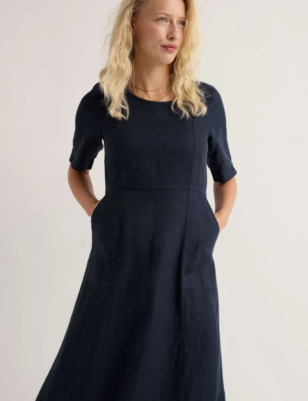 Pure Linen Round Neck Midi Waisted Dress