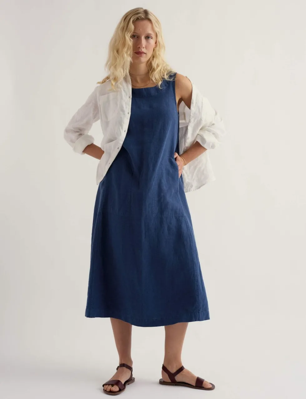 Pure Linen Round Neck Midi Shift Dress