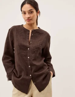 Pure Linen Round Neck Pintuck Shirt