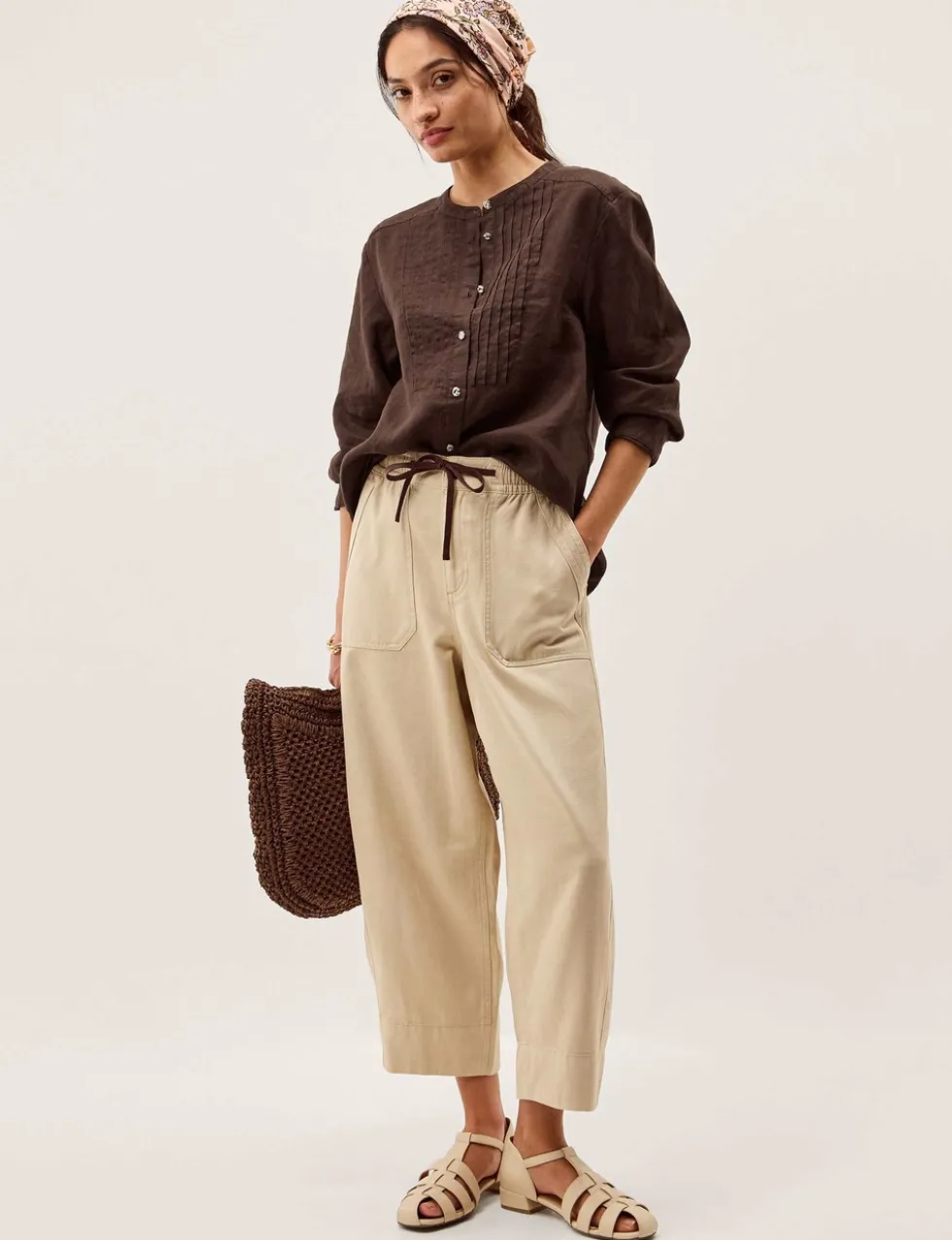 Pure Linen Round Neck Pintuck Shirt