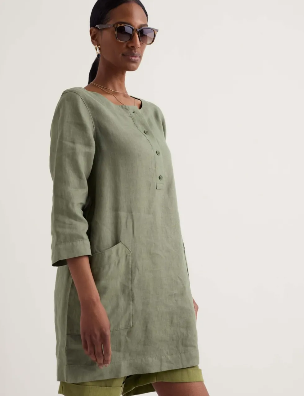 Pure Linen Scoop Neck Pocket Half Placket Tunic