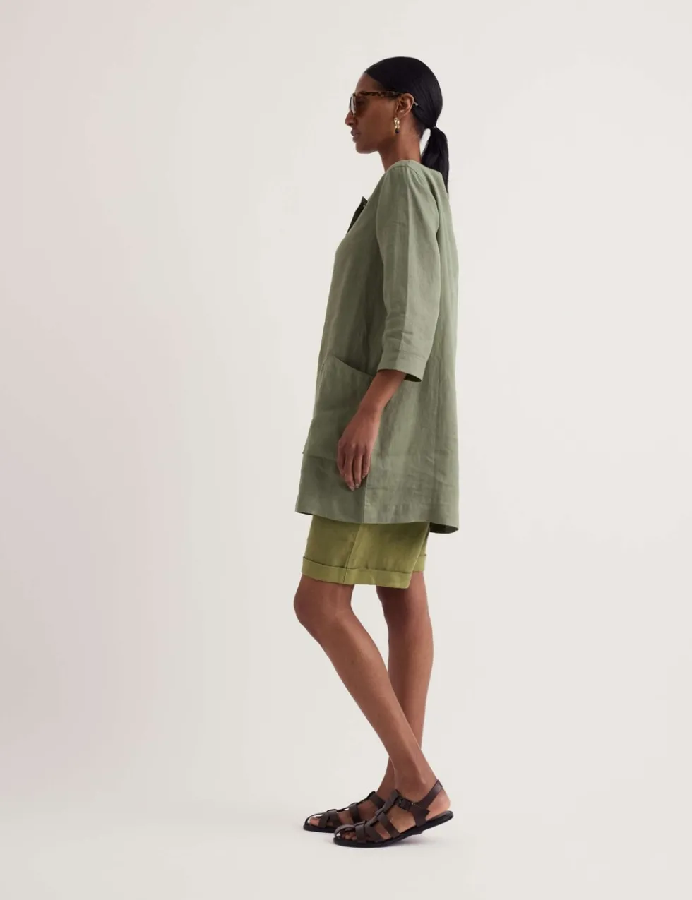 Pure Linen Scoop Neck Pocket Half Placket Tunic