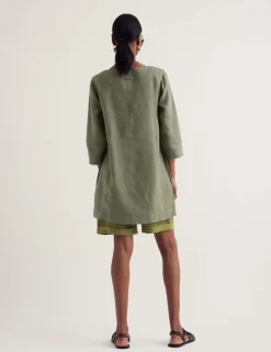 Pure Linen Scoop Neck Pocket Half Placket Tunic