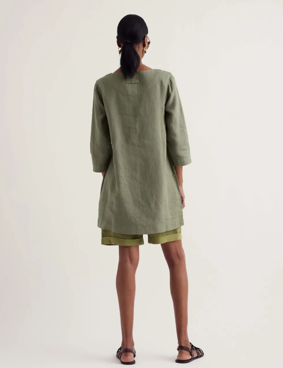 Pure Linen Scoop Neck Pocket Half Placket Tunic