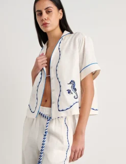 Pure Linen Seahorse Embroidery Cropped Shirt