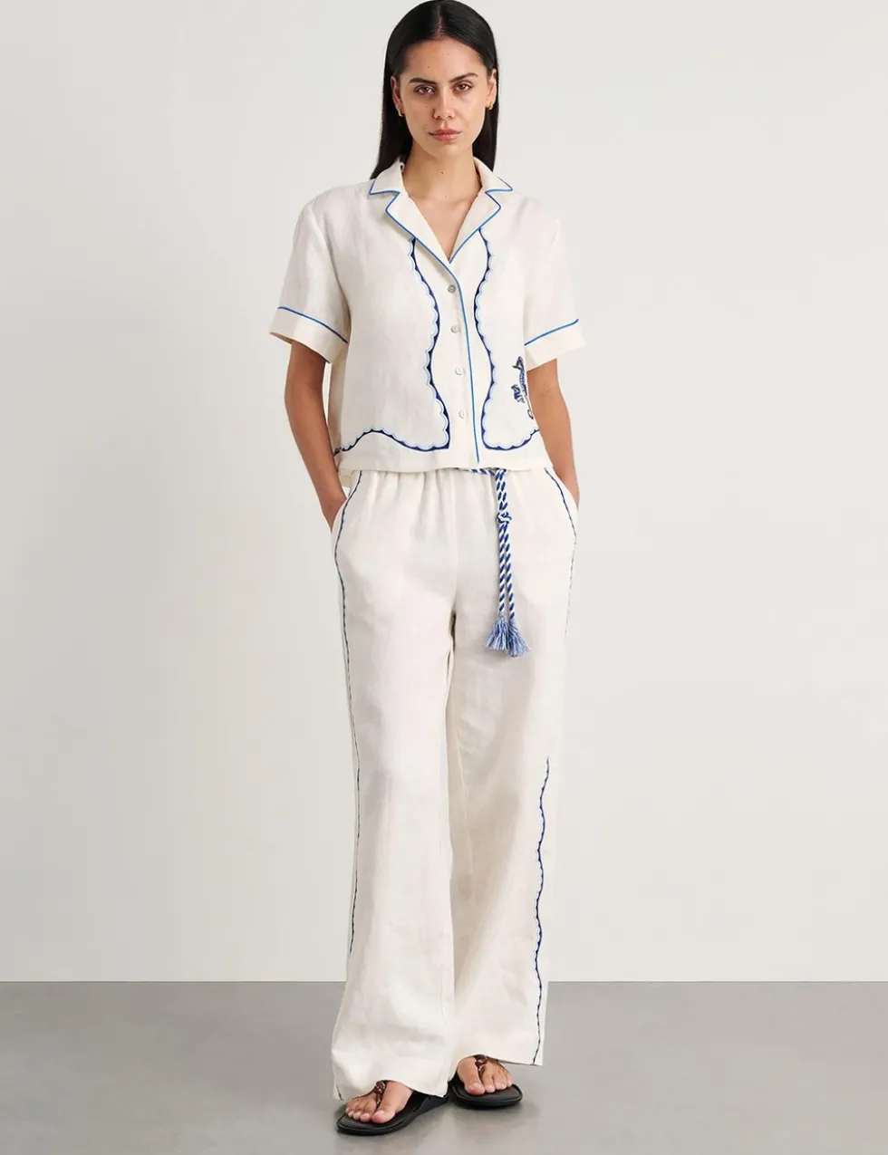 Pure Linen Seahorse Embroidery Cropped Shirt