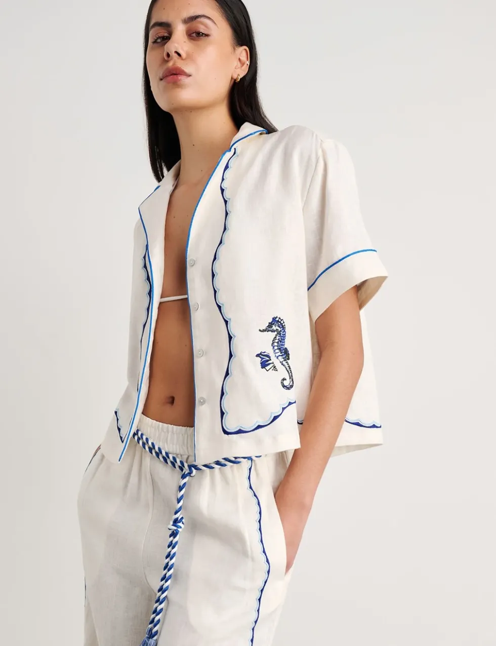 Pure Linen Seahorse Embroidery Cropped Shirt