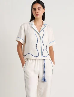 Pure Linen Seahorse Embroidery Cropped Shirt