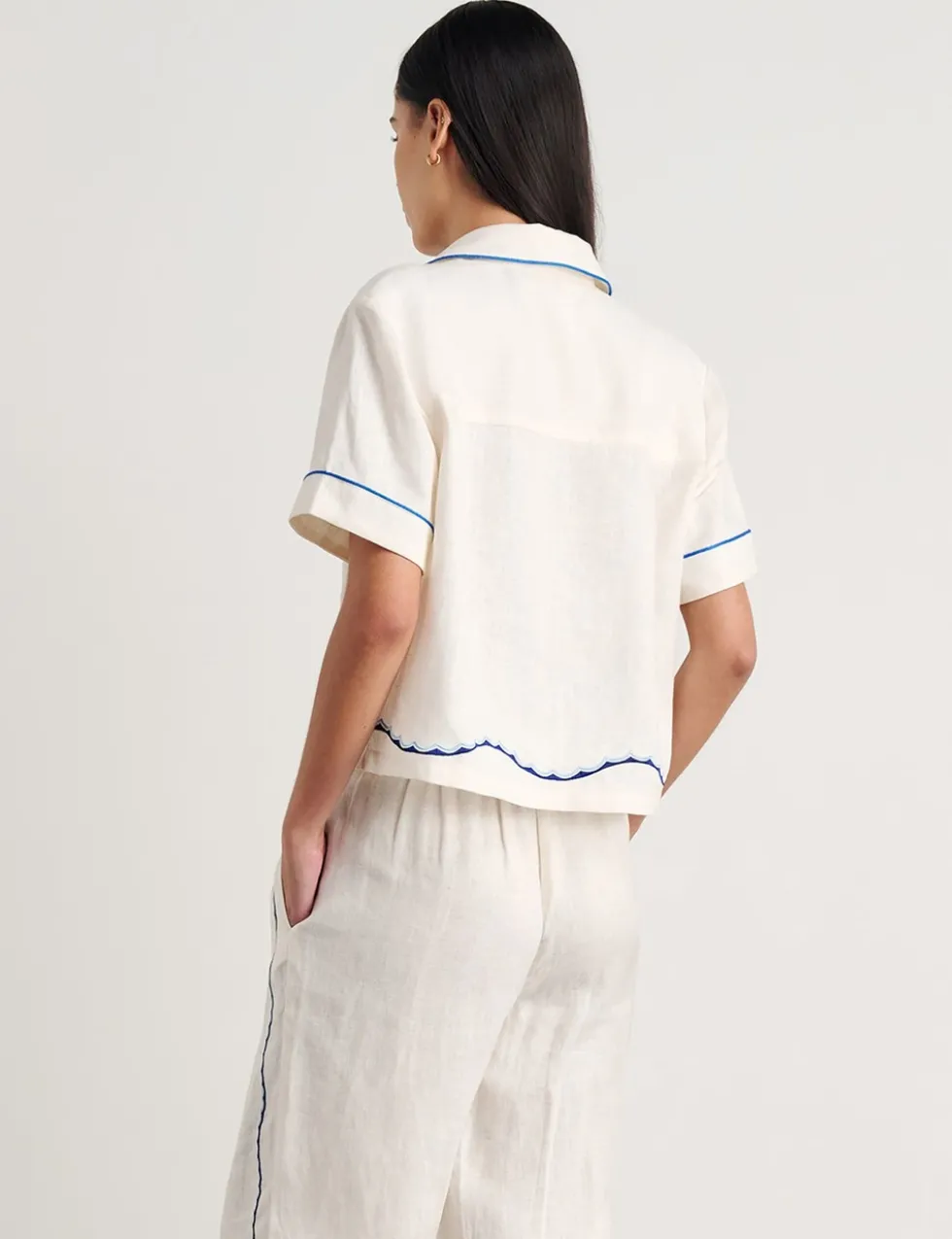 Pure Linen Seahorse Embroidery Cropped Shirt