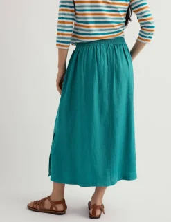 Pure Linen Side Split Midi A-Line Skirt