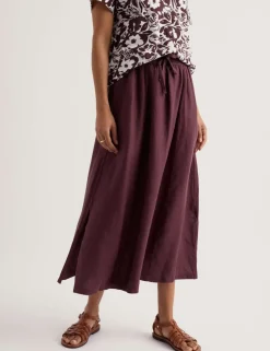 Pure Linen Side Split Midi A-Line Skirt
