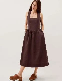 Pure Linen Square Neck Midi Waisted Dress