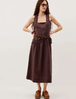 Pure Linen Square Neck Midi Waisted Dress