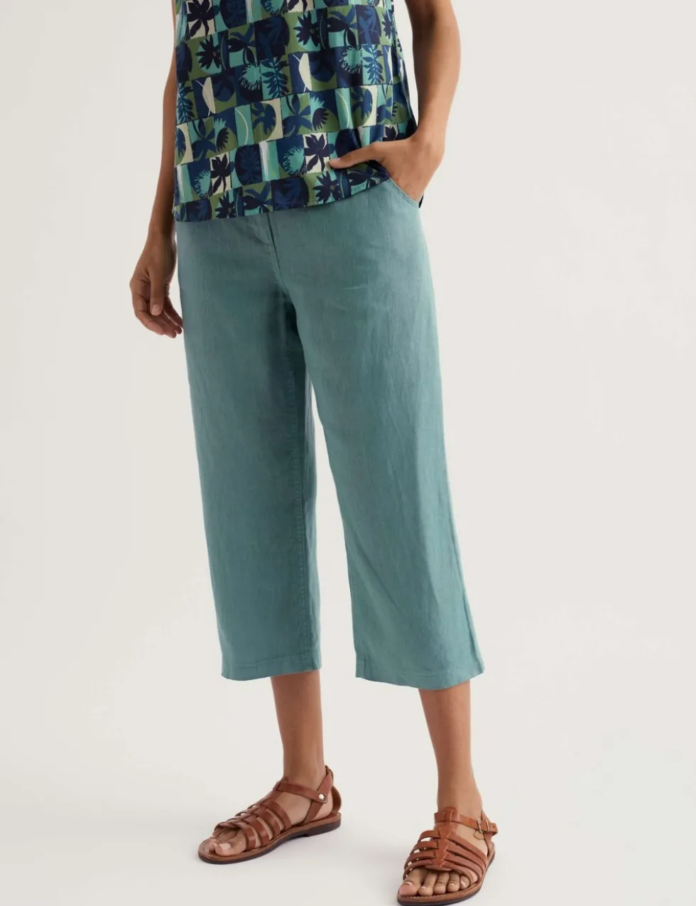 Pure Linen Straight Leg Cropped Trousers
