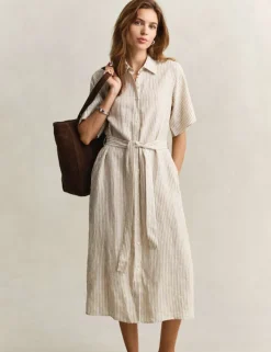 Pure Linen Striped Midi Shirt Dress