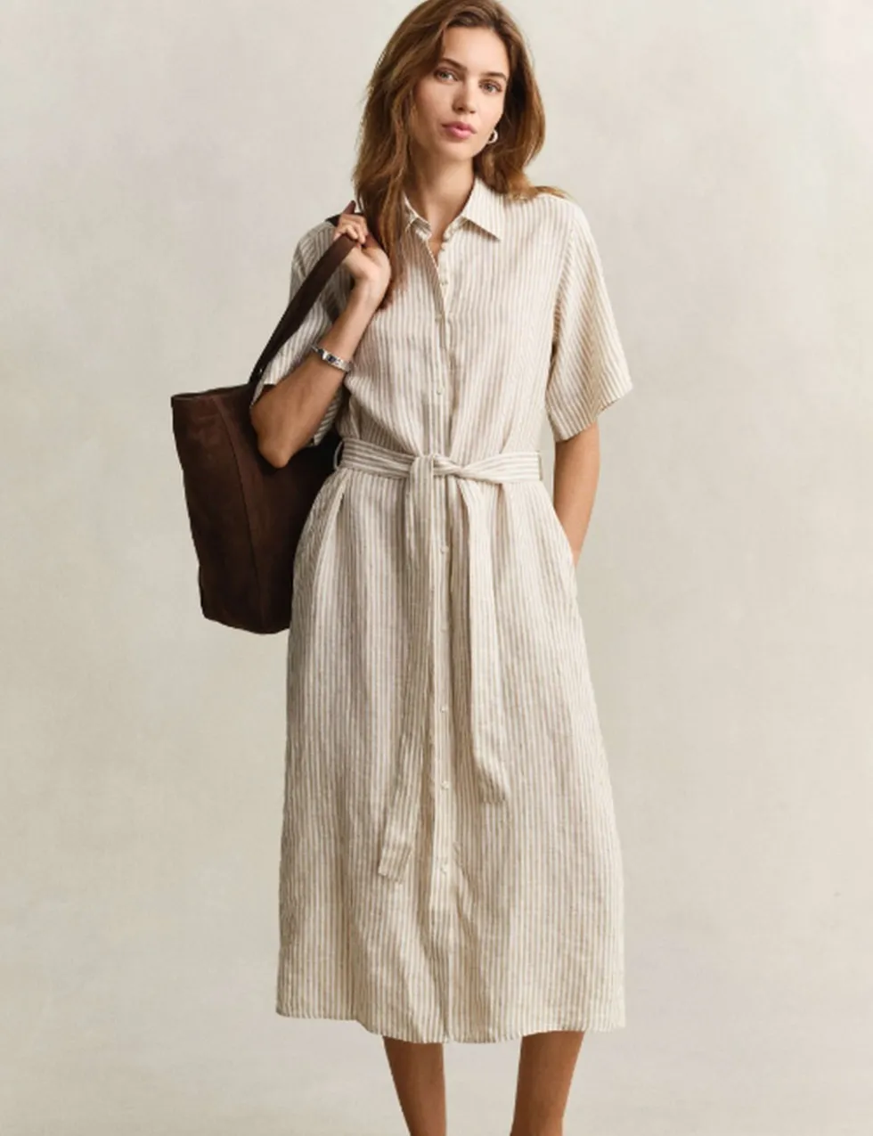 Pure Linen Striped Midi Shirt Dress