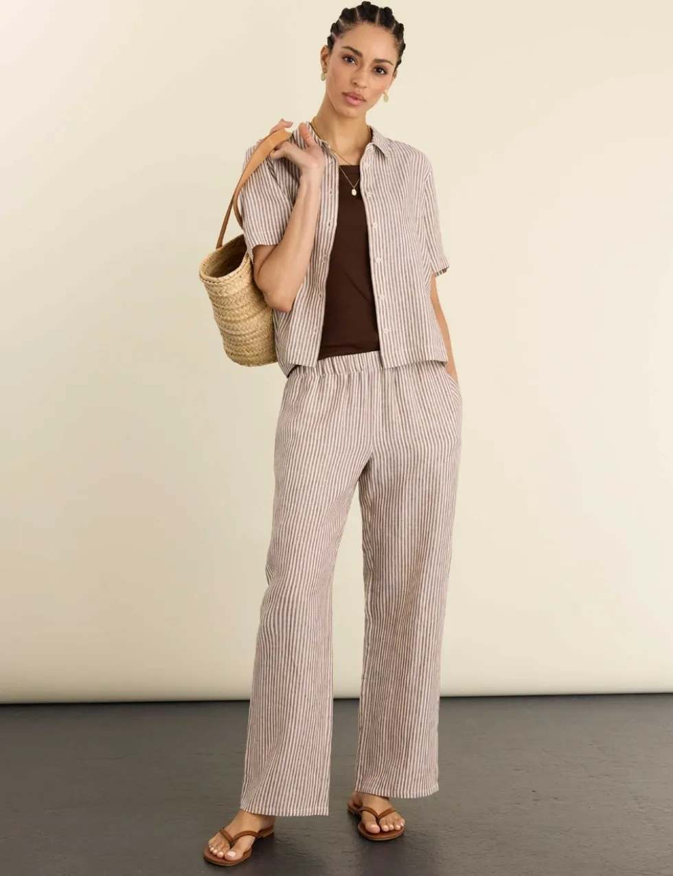 Pure Linen Striped Wide Leg Trousers