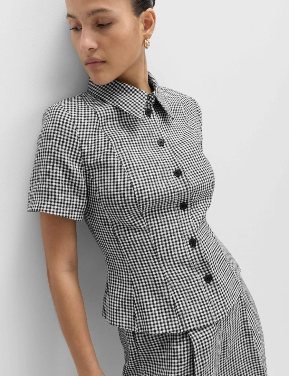 Pure Linen Tailored Checked Collared Jacket