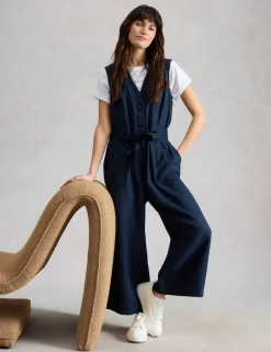 Pure Linen V-Neck Cropped Jumpsuit