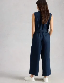Pure Linen V-Neck Cropped Jumpsuit