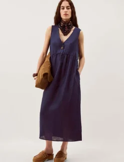 Pure Linen V-Neck Midi Column Dress