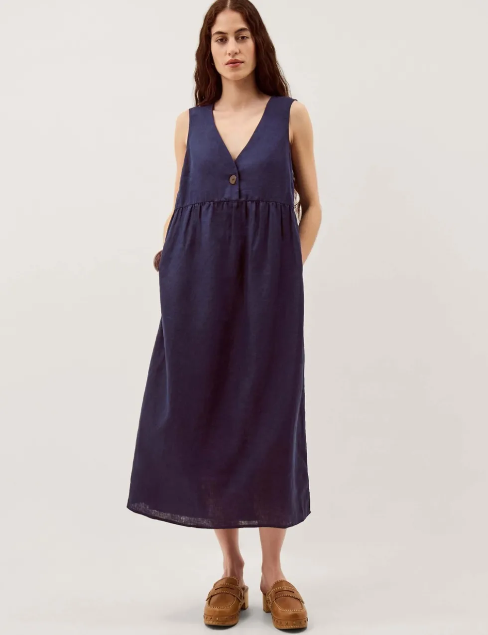 Pure Linen V-Neck Midi Column Dress