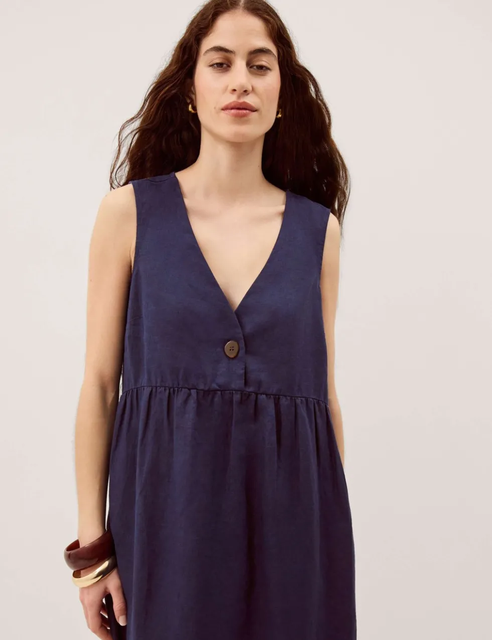Pure Linen V-Neck Midi Column Dress