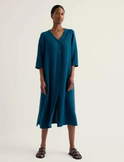 Pure Linen V-Neck Midi Shift Dress