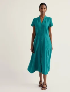Pure Linen V-Neck Midi Shirt Dress