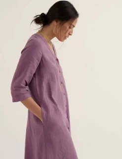 Pure Linen V-Neck Midi Shift Dress