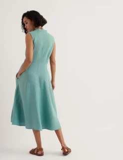 Pure Linen V-Neck Midi Waisted Dress