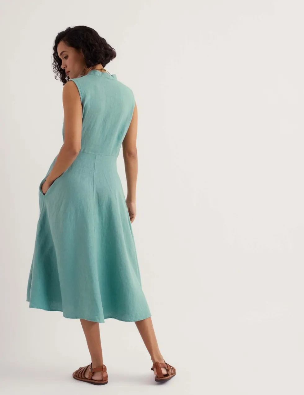 Pure Linen V-Neck Midi Waisted Dress