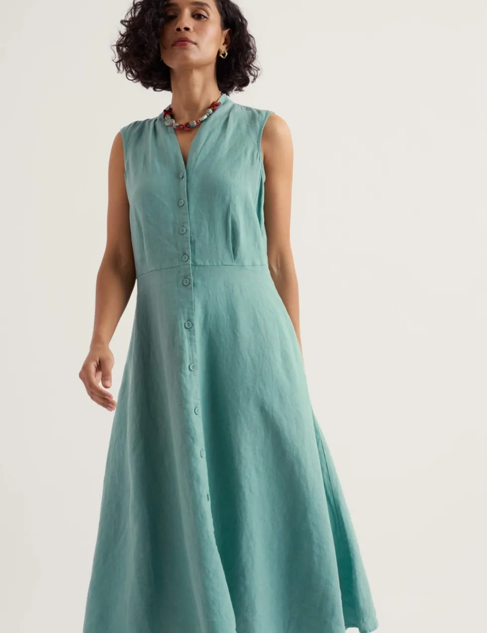 Pure Linen V-Neck Midi Waisted Dress