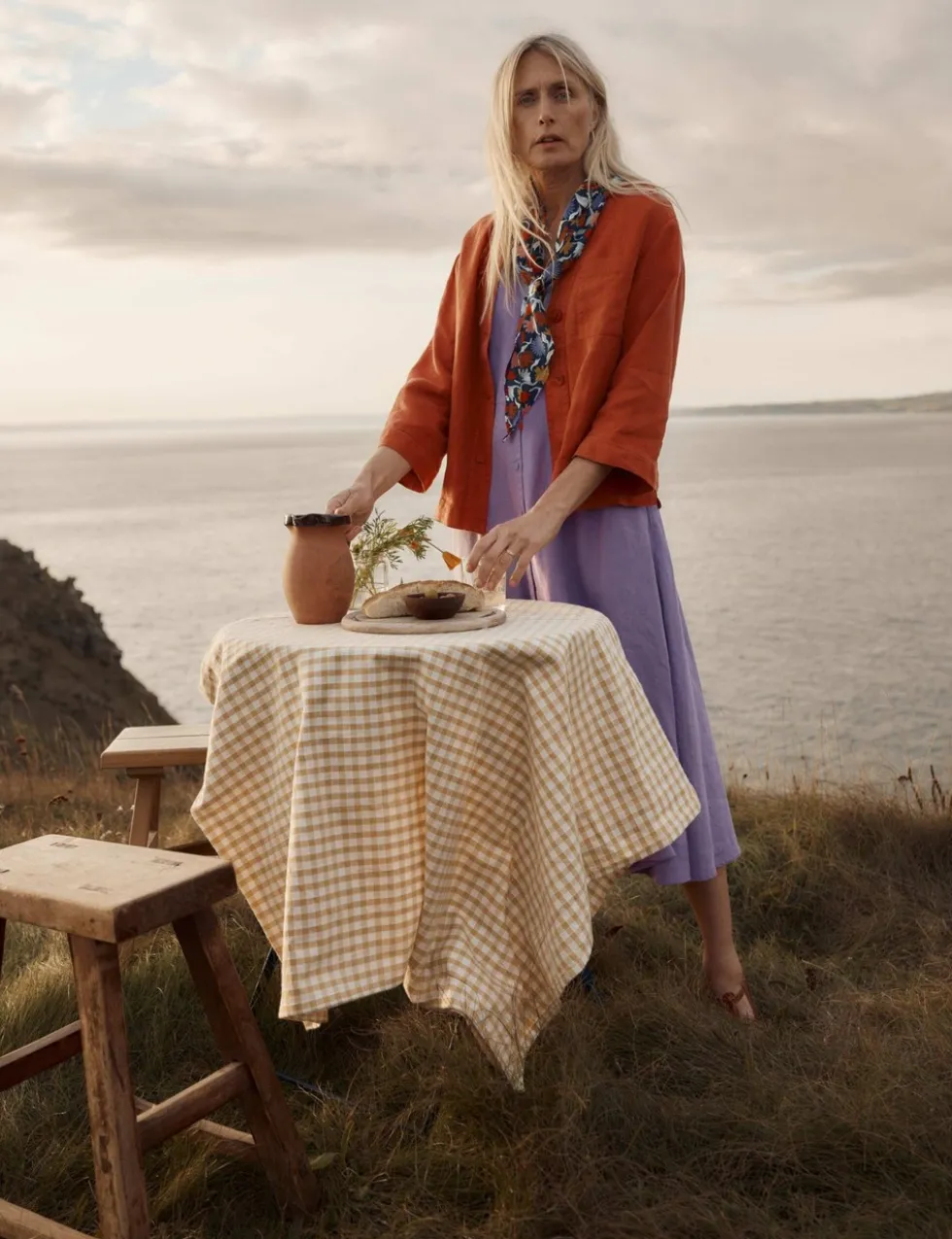 Pure Linen V-Neck Midi Waisted Dress