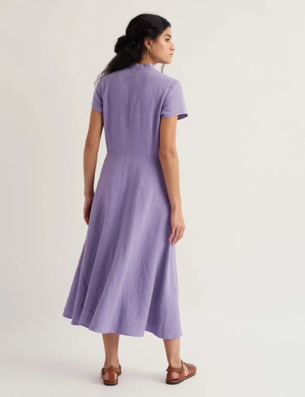 Pure Linen V-Neck Midi Waisted Dress