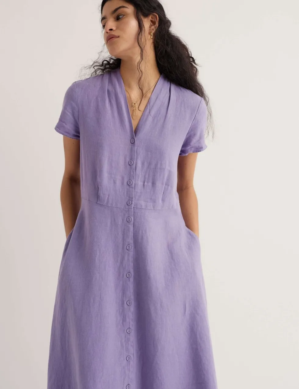 Pure Linen V-Neck Midi Waisted Dress