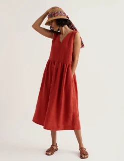 Pure Linen V-Neck Midi Waisted Dress
