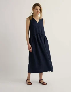 Pure Linen V-Neck Midi Waisted Dress
