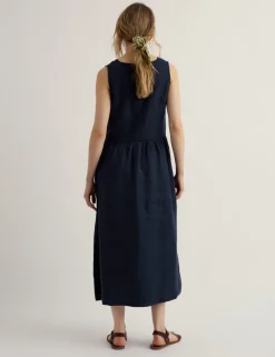 Pure Linen V-Neck Midi Waisted Dress
