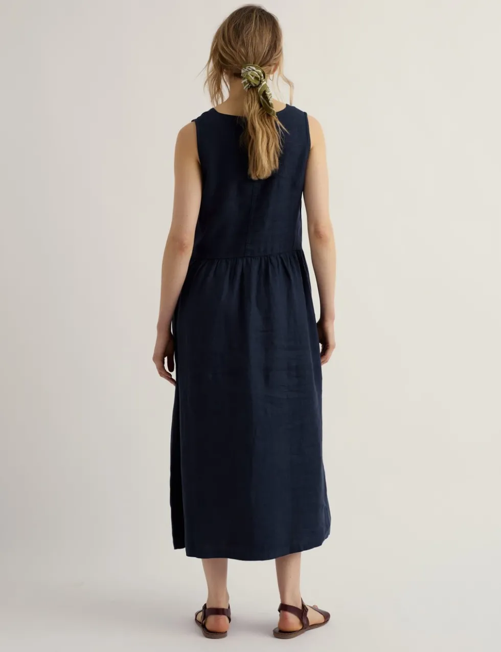 Pure Linen V-Neck Midi Waisted Dress
