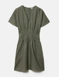Pure Linen V-Neck Pintuck Mini Waisted Dress