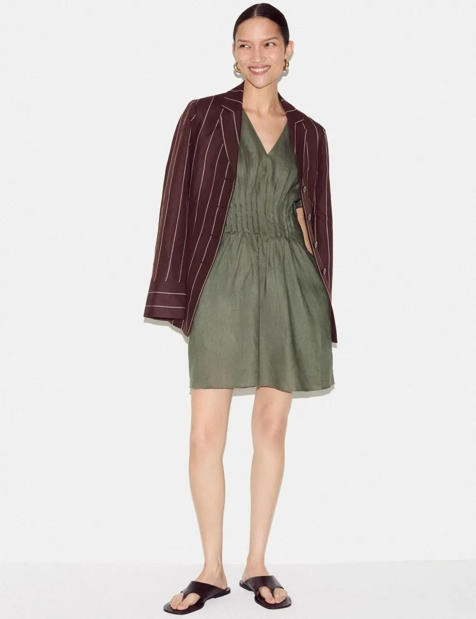 Pure Linen V-Neck Pintuck Mini Waisted Dress