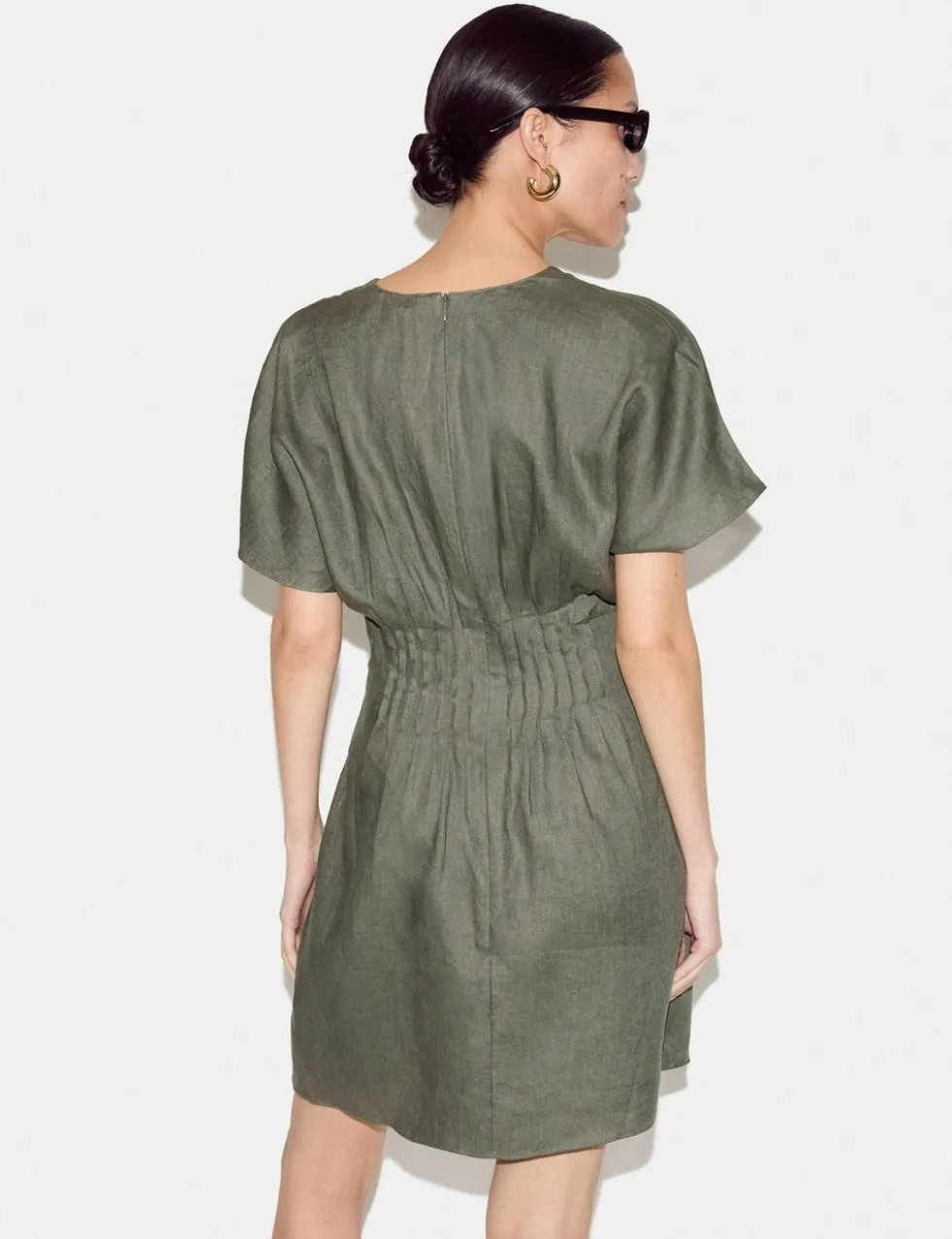 Pure Linen V-Neck Pintuck Mini Waisted Dress