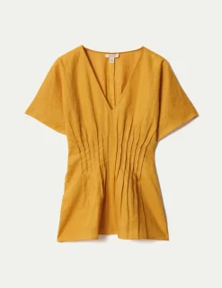 Pure Linen V-Neck Pintuck Waist Top